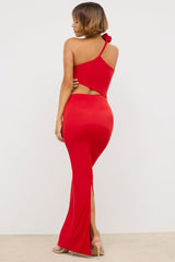 Jersey Asymmetric Cut Out Maxi Dress in Scarlet Red
