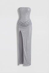 Embellished Bandeau Cowl-Waist Maxi Dress in Silver