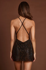 Embellished Halterneck Cowl A-line Mini Dress in Brown Snake